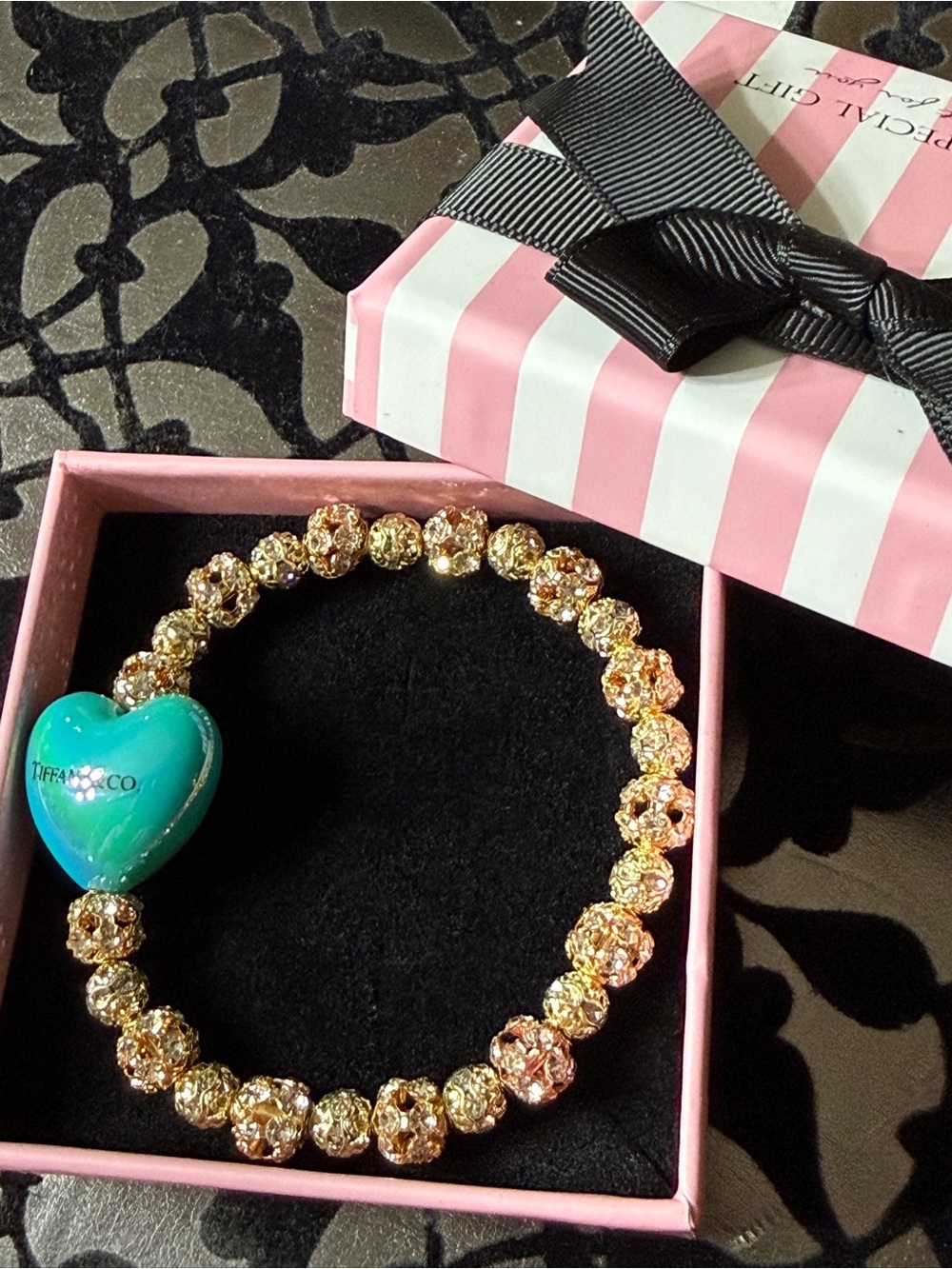 Tiffany & Co. Turquoise Heart Charm with Gold Beaded Bracelet